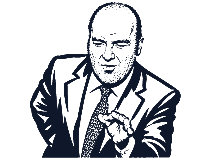 Ink drawing of a man in a suit and leopard-print tie, pinching his fingers as if picking something out